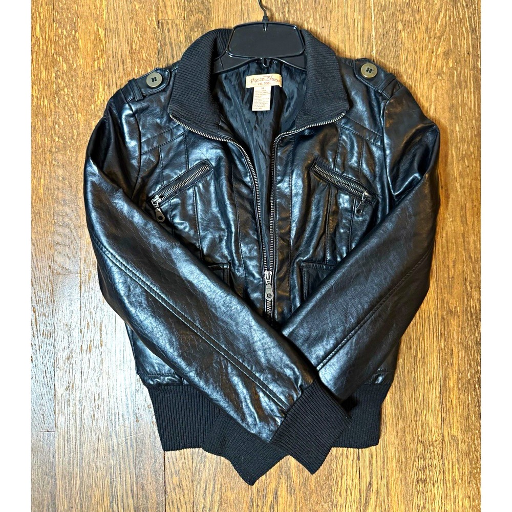 Paris Blues Womens Black Faux Leather Bomber Jacket Size M Moto Biker Y2K Zip